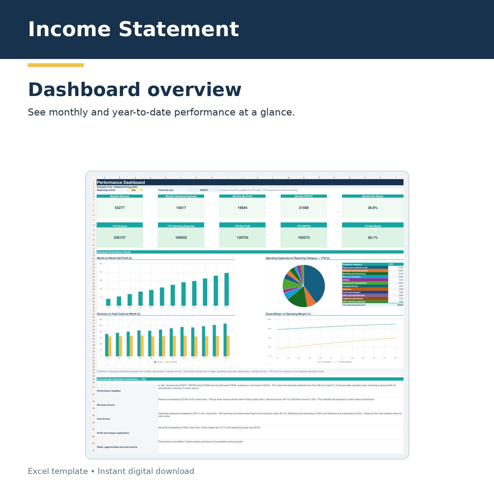 Income Statement with Bank CSV Import and Business Dashboard