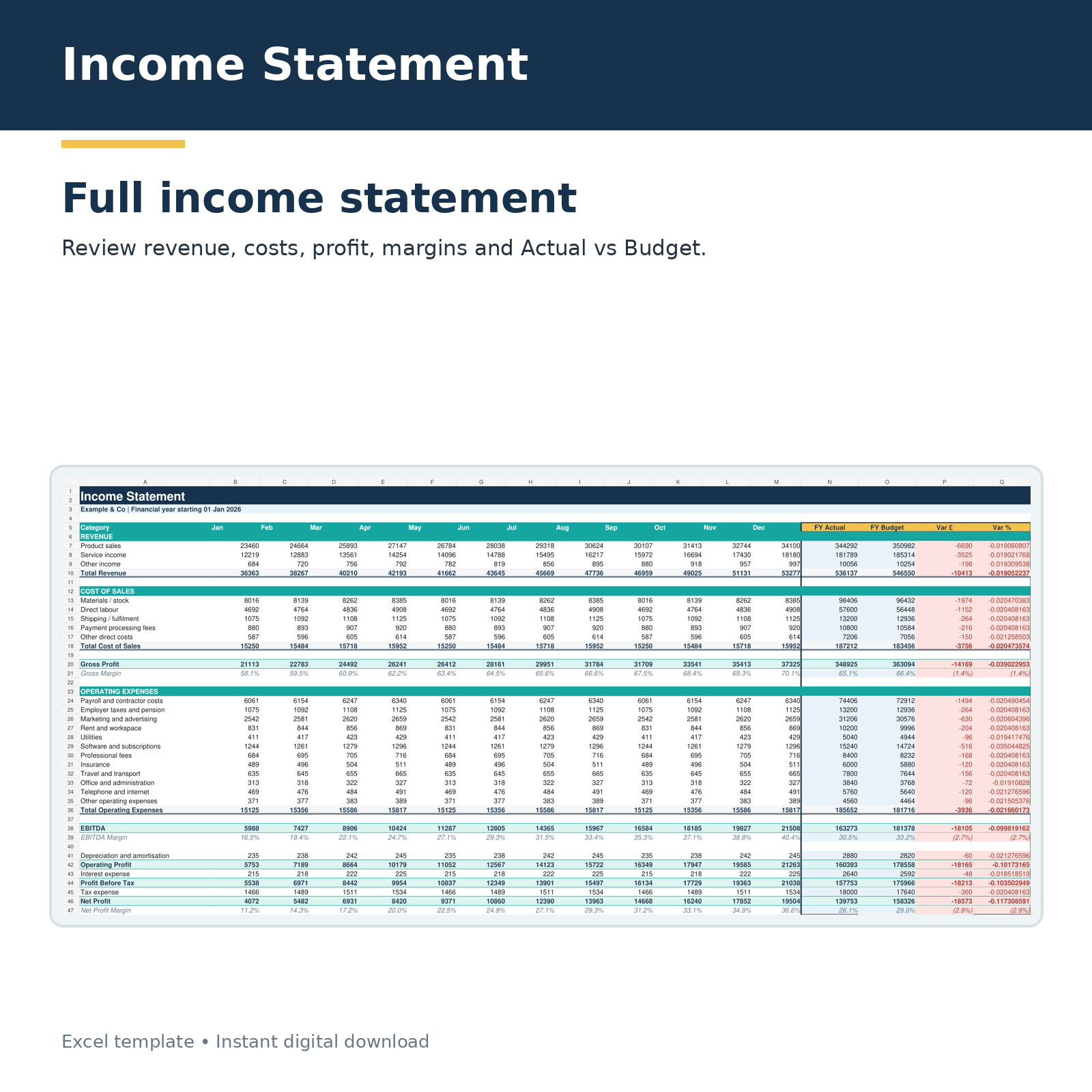 Income Statement with Bank CSV Import and Business Dashboard