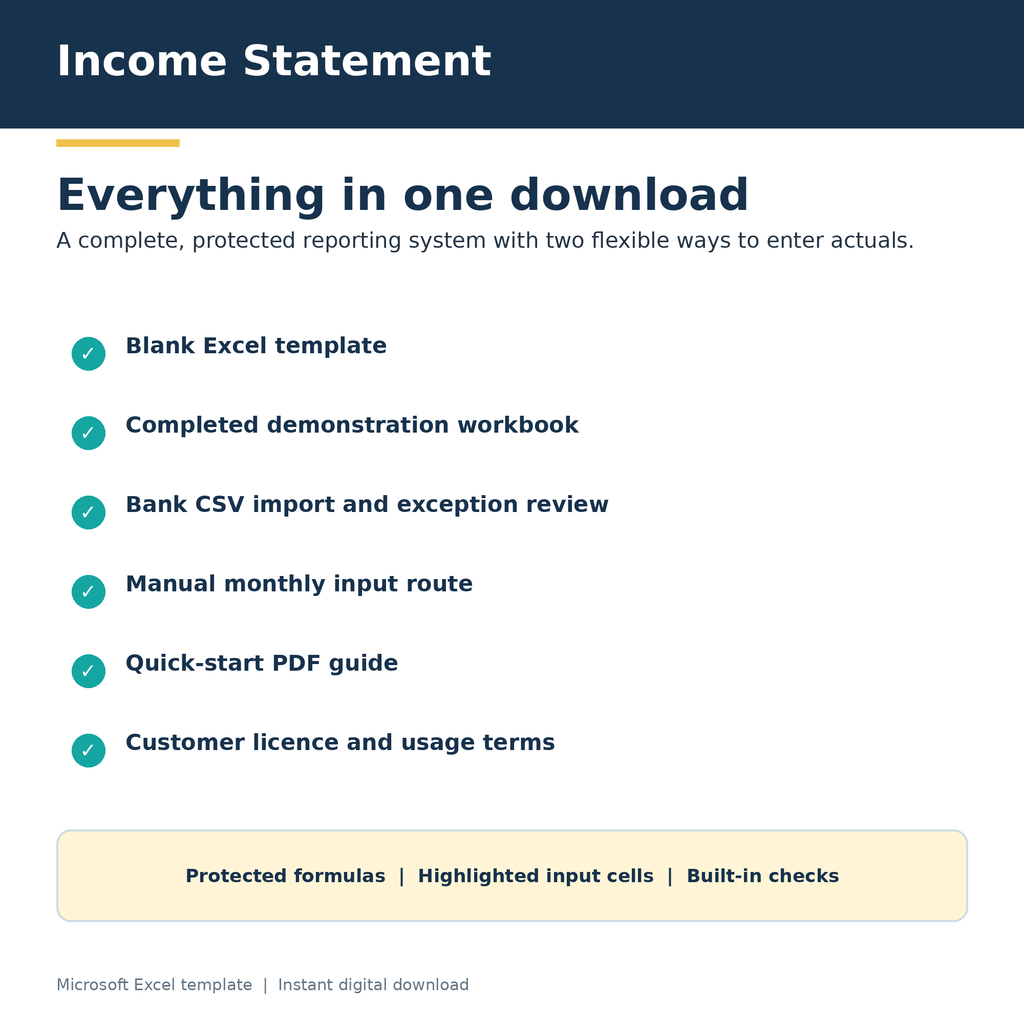 Income Statement with Bank CSV Import and Business Dashboard