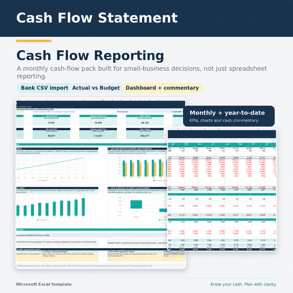 Cash Flow Statement with Bank CSV Import and Business Dashboard